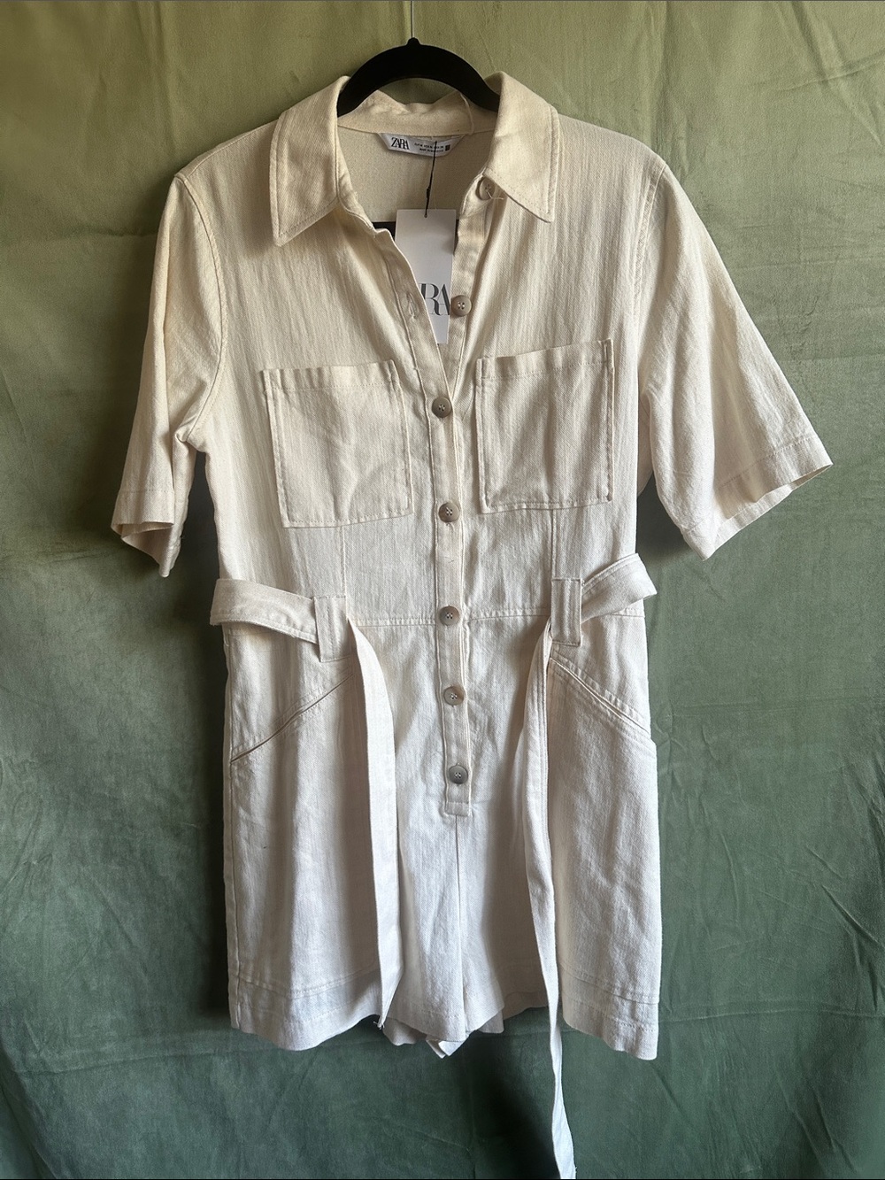#923 Zara Cream Button-Front Midi Dress with Tie Belt